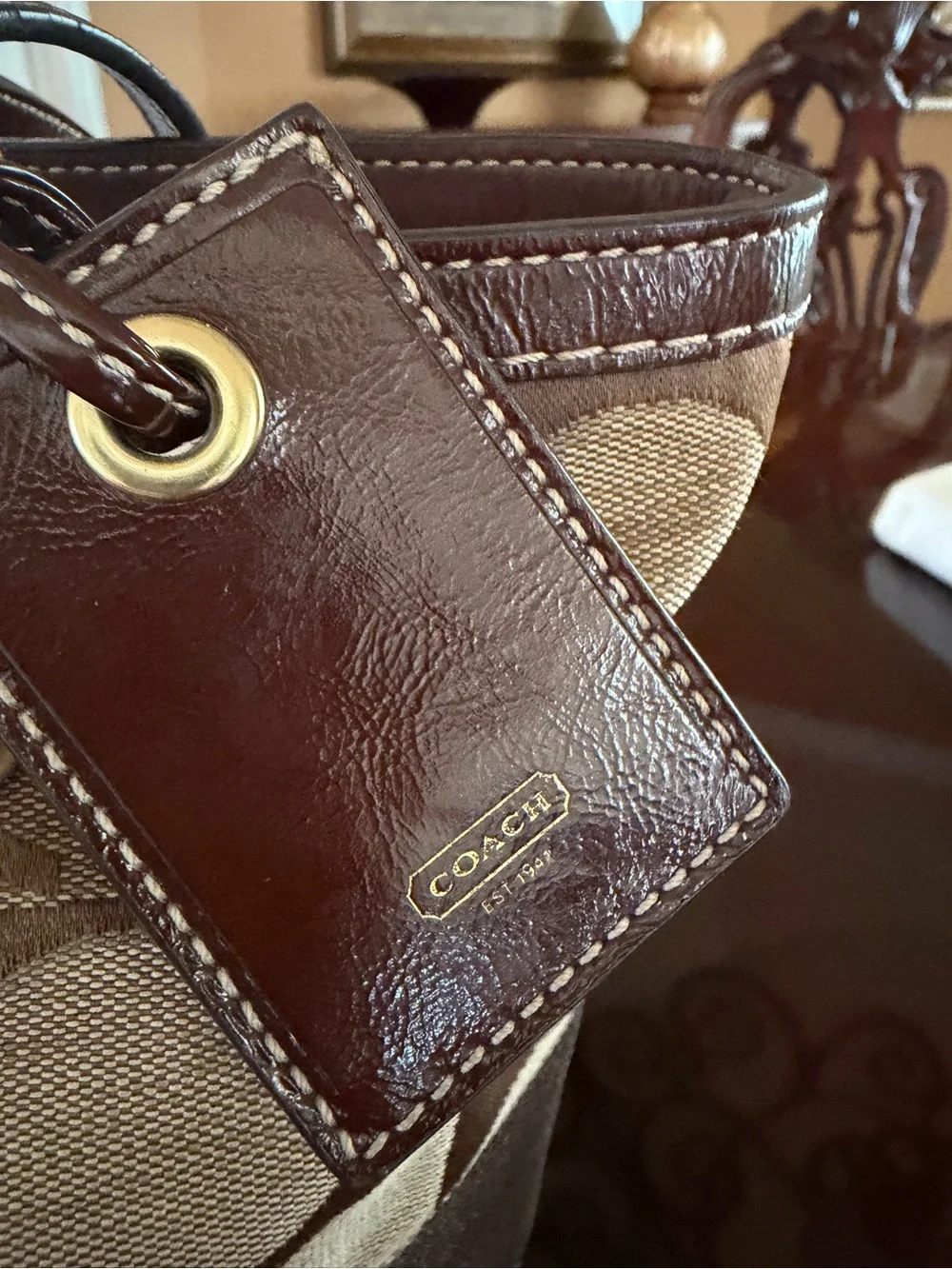 Coach Signature Canvas Tote in Khaki and Dark Brown Trim